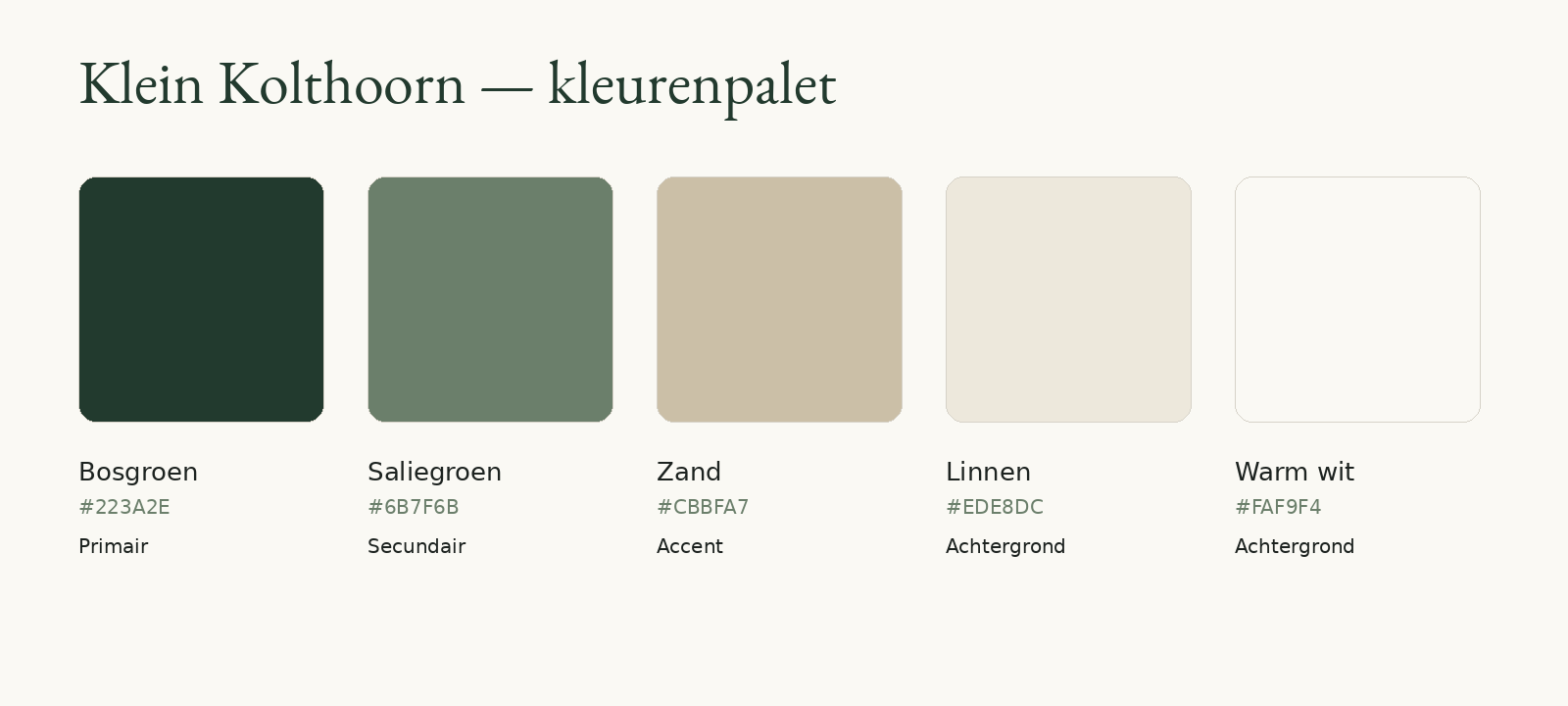Kleurenpalet: bosgroen, saliegroen, zand