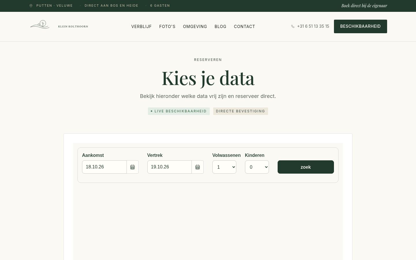Klein Kolthoorn website beschikbaarheid pagina