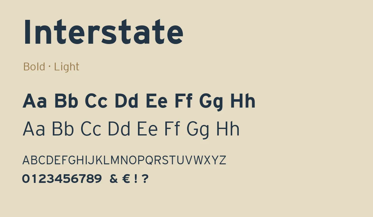Letterspecimen van Interstate, het lettertype van VDBS Bouw