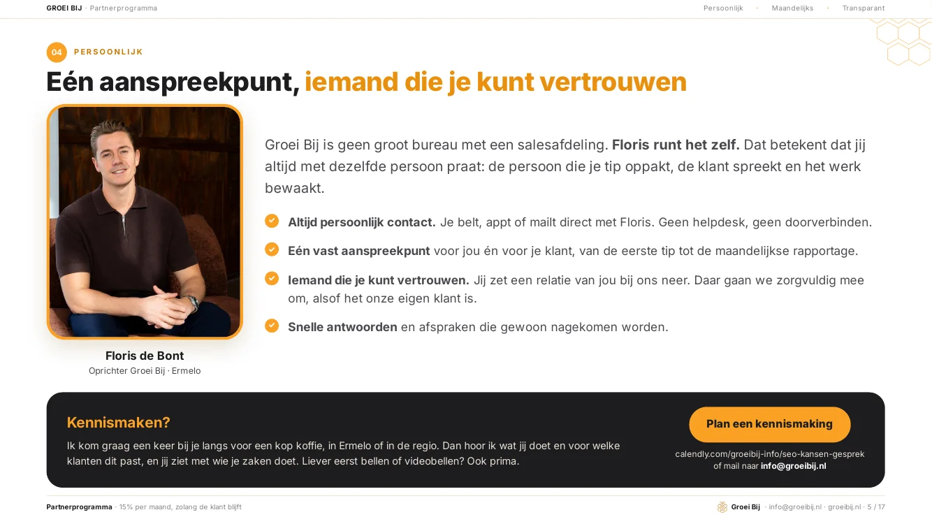 Brochure partnerprogramma Groei Bij: pagina over persoonlijk contact met Floris